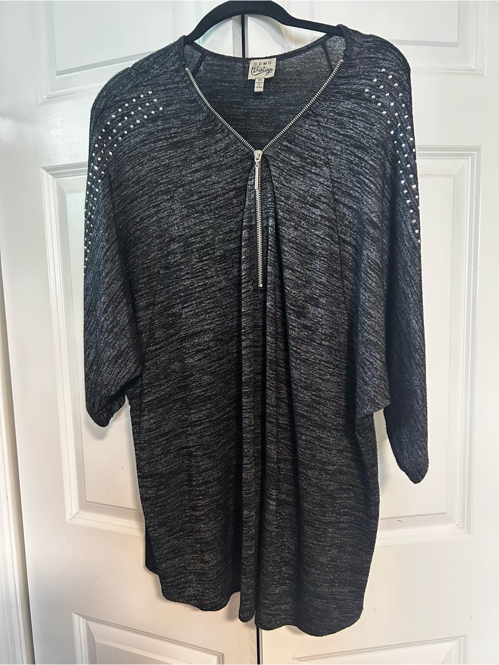 Como Vintage Charcoal Zip-Front Knit Top with Studded Shoulders